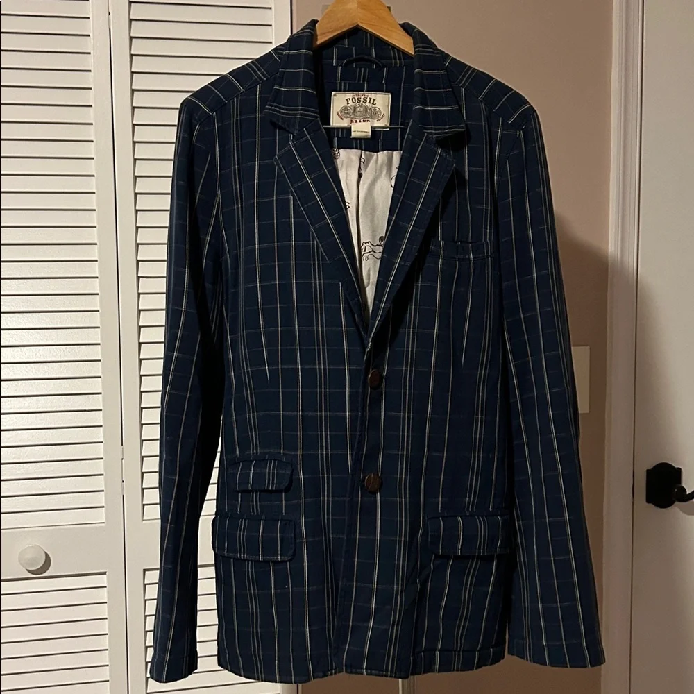 Fossil Plaid Navy Checkered Men's Blazer size L cotton